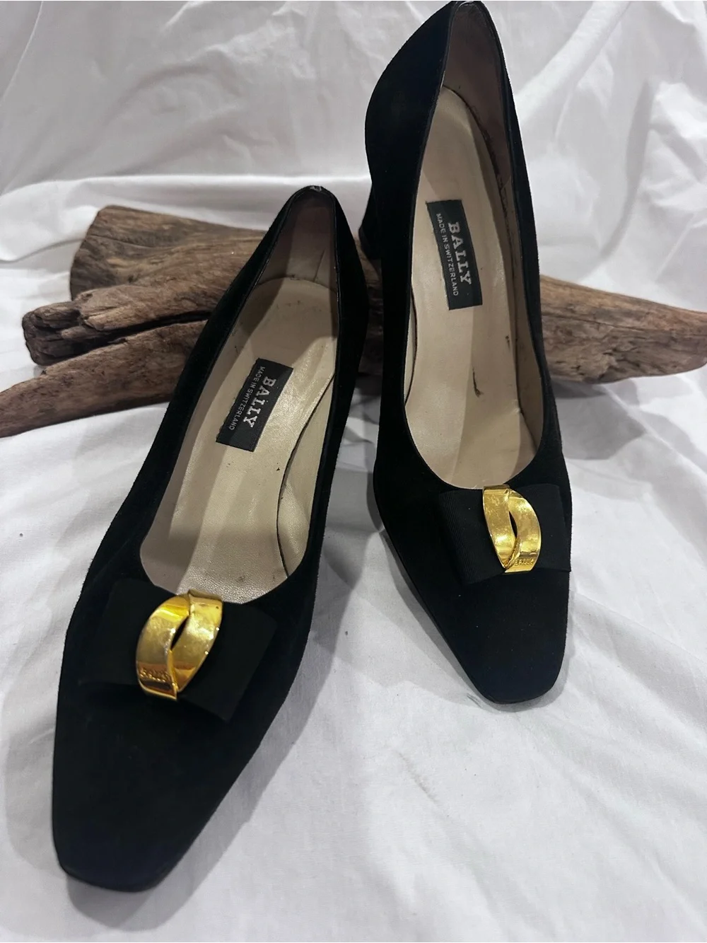 Bally Black Suede Pumps with Gold Bow Accent